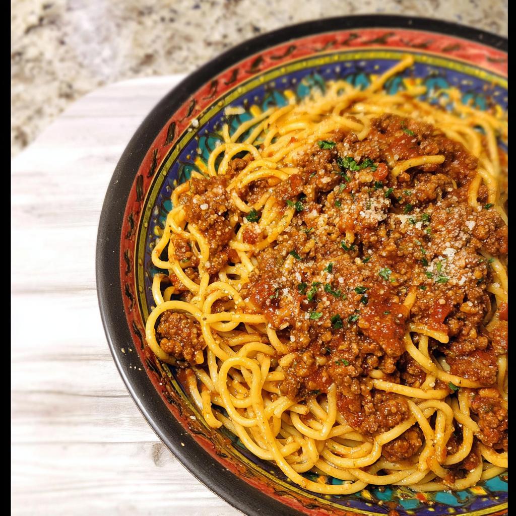 A close-up of spaghetti topped with a rich ground beef meat sauce and sprinkled with Parmesan cheese and parsley.