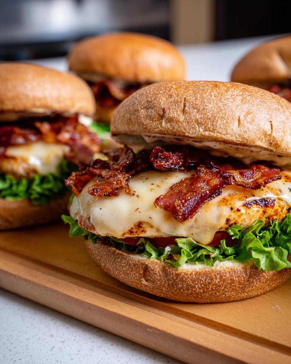 Close-up of a delicious honey mustard chicken burger topped with melted cheese and crispy bacon.