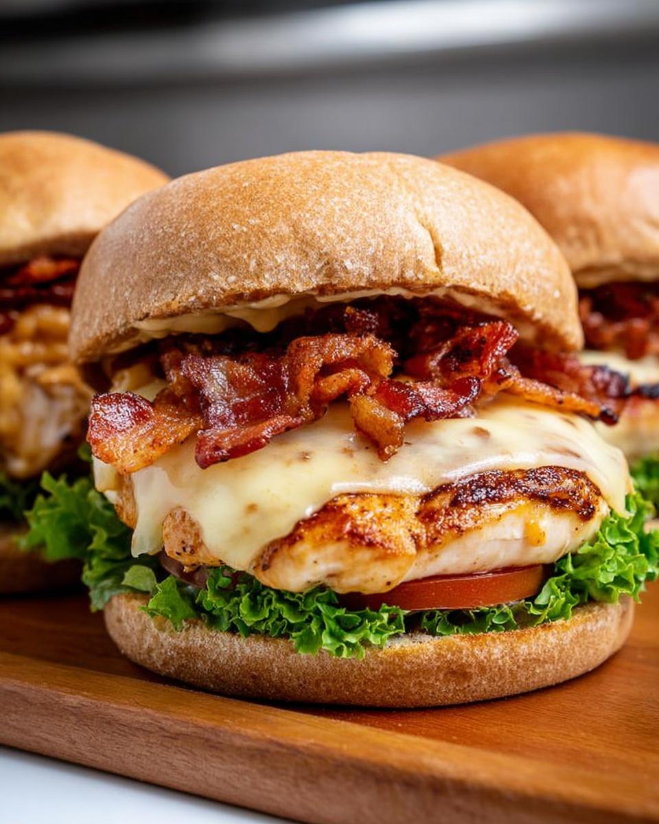 Close-up of a delicious honey mustard chicken burger with melted cheese, crispy bacon, lettuce, and tomato.