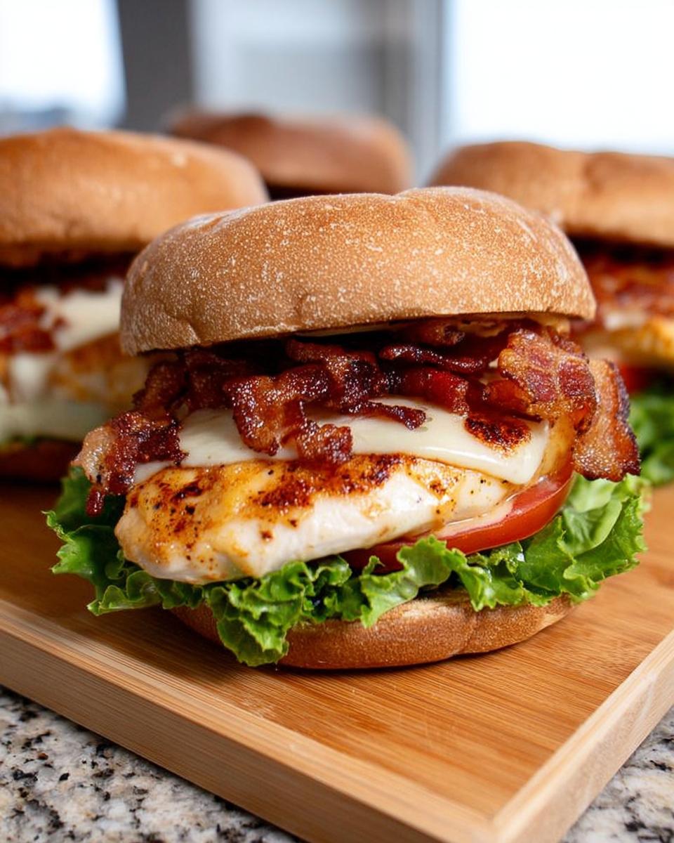 A delicious honey mustard chicken burger with bacon, cheese, lettuce, and tomato on a bun, part of Ultimate Dinner Recipes.
