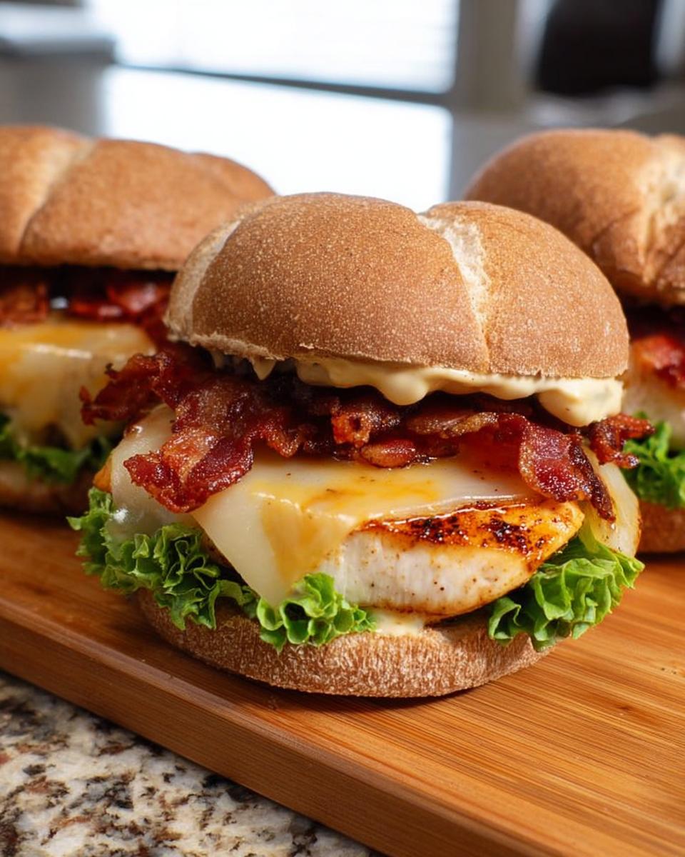 Close-up of a delicious honey mustard chicken sandwich with melted cheese and crispy bacon.