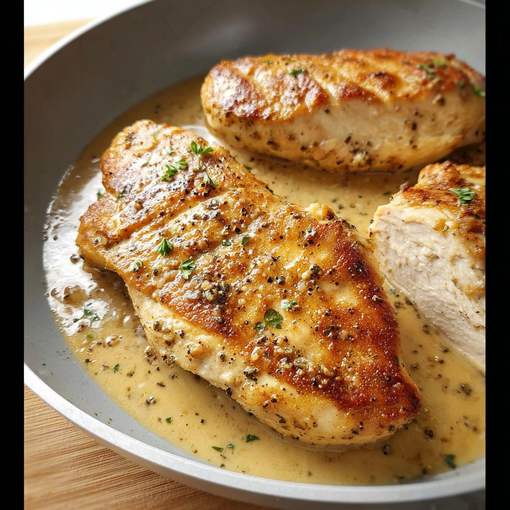 Perfectly pan-seared chicken breasts in a creamy sauce, seasoned with herbs and pepper. Learn how to make chicken like a pro.