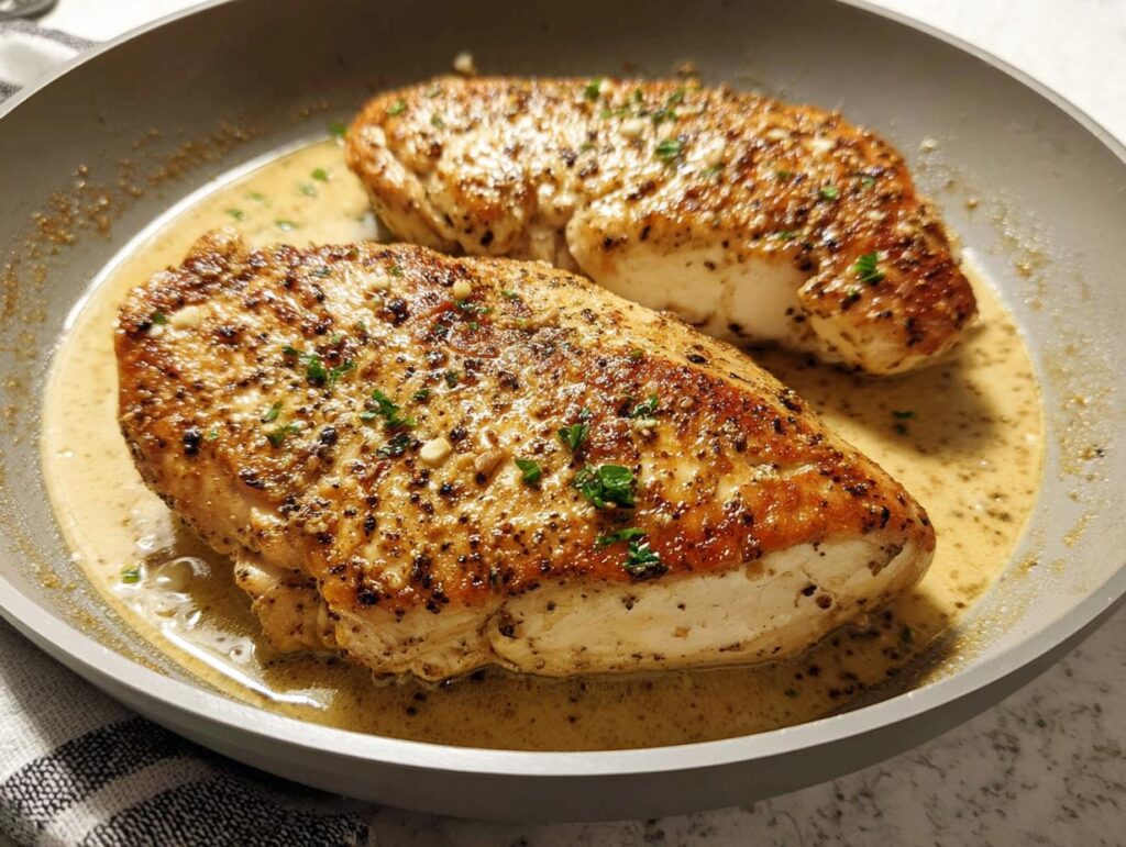 Two juicy chicken breasts cooked to perfection in a creamy pan sauce, seasoned with herbs and spices.