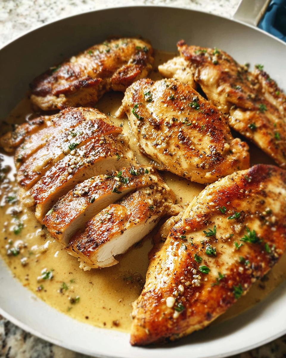 Close-up of juicy, pan-seared chicken breasts with a golden-brown crust, sliced to show tenderness, in a creamy sauce. How To Make Chicken Like A Pro.