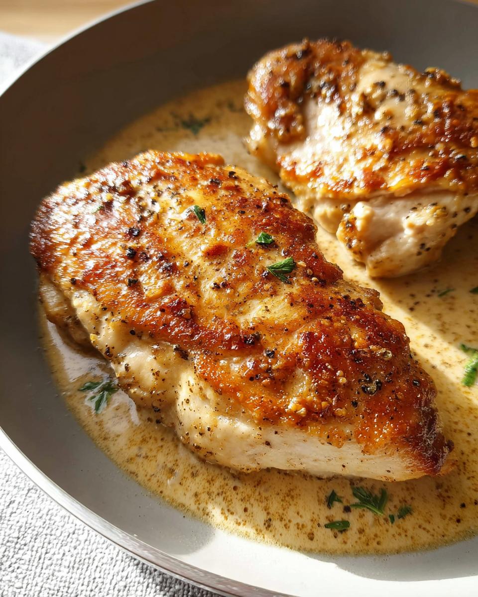Close-up of a juicy, pan-seared chicken breast with a golden-brown crust, served in a creamy sauce.