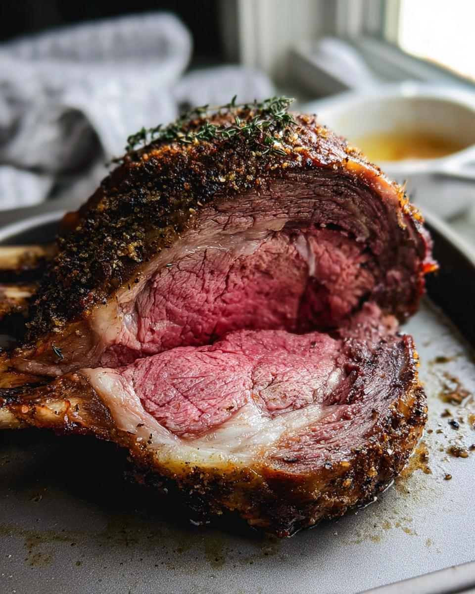 A juicy, medium-rare prime rib roast, sliced to reveal its pink center and herb-crusted exterior.
