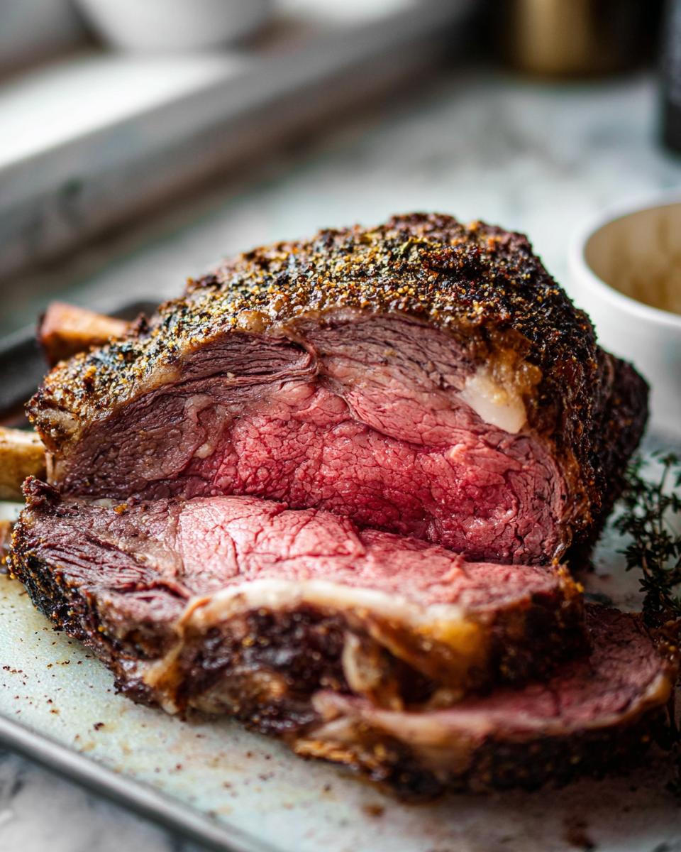A beautifully roasted prime rib roast, sliced to reveal a juicy pink interior and a flavorful herb crust.