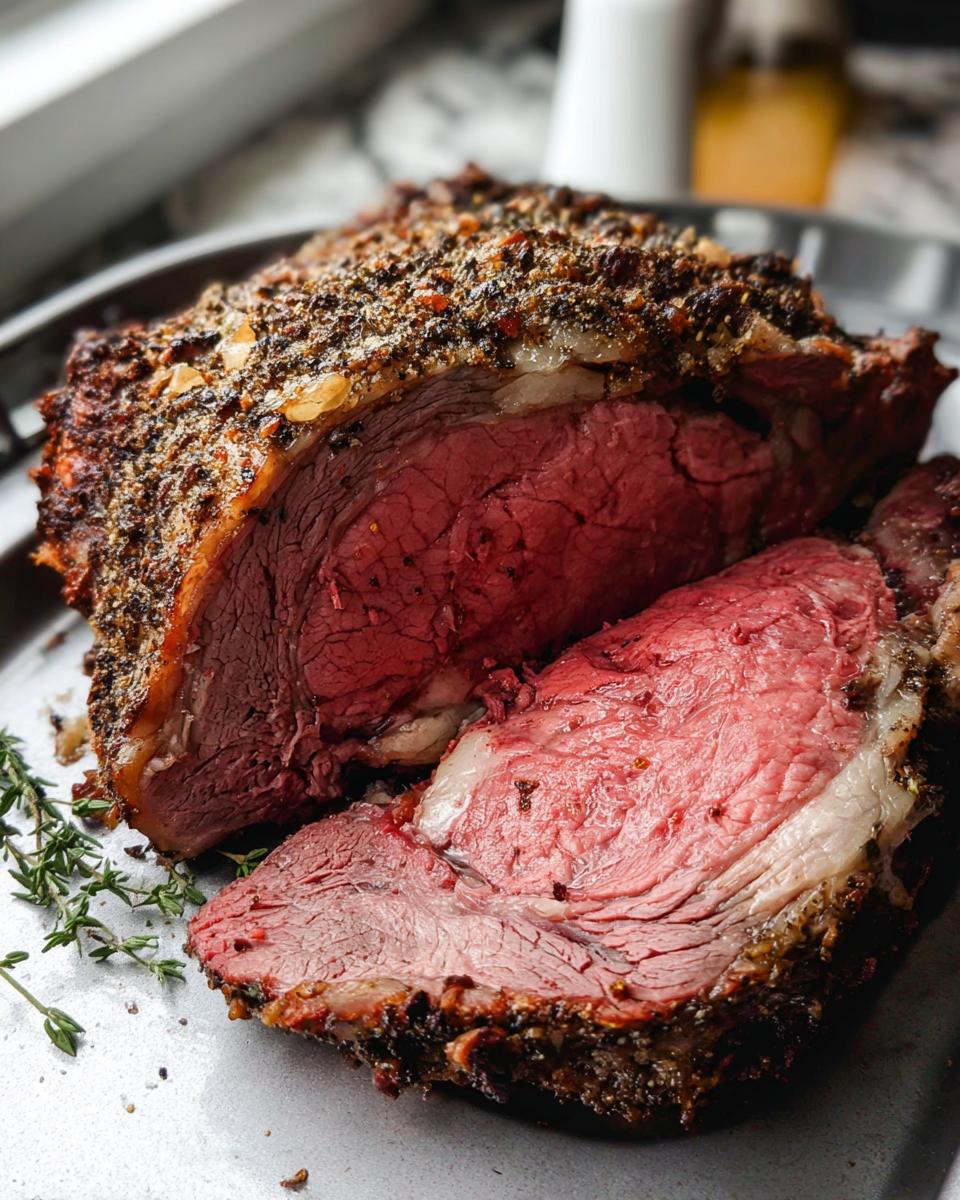 A juicy, perfectly cooked prime rib roast, sliced to reveal a tender pink interior and a flavorful crust.