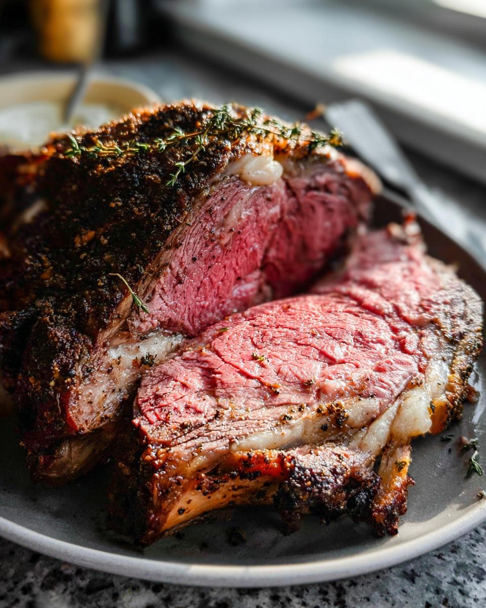 A beautifully roasted prime rib, sliced to reveal a juicy pink interior, seasoned with herbs.