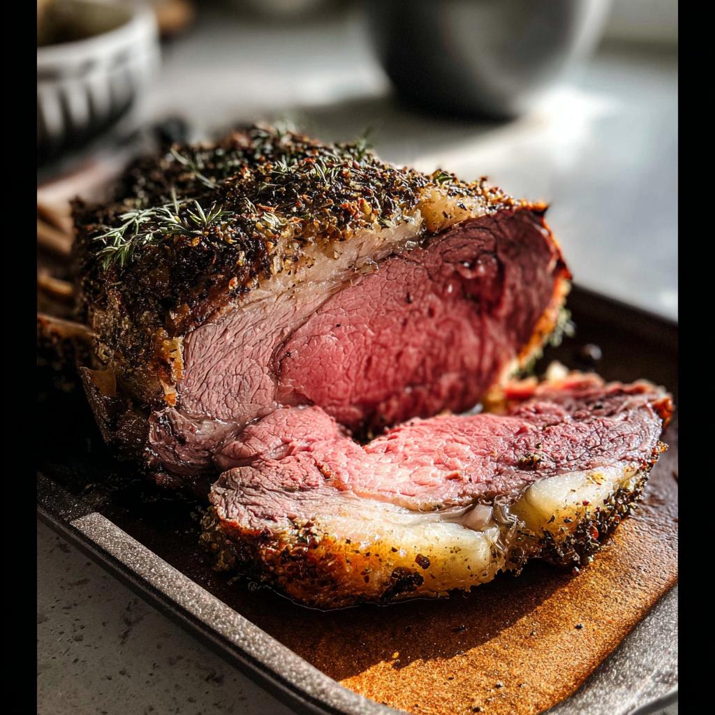 A juicy, medium-rare prime rib roast, sliced to reveal its tender interior and herb-crusted exterior.