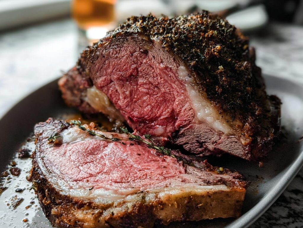 Close-up of a perfectly cooked prime rib roast, sliced to reveal a tender, pink interior and herb crust.