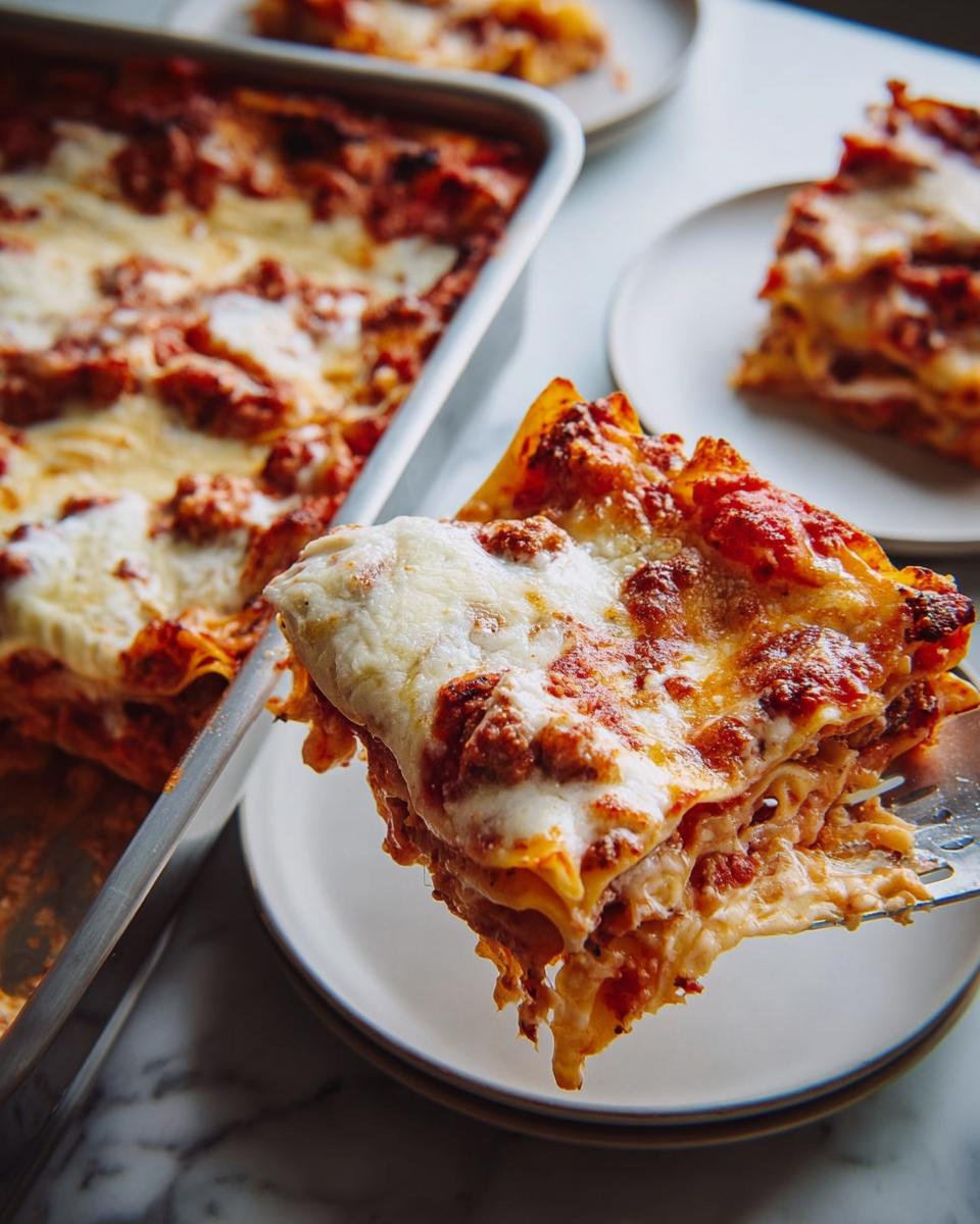 A fork lifting a cheesy slice of lasagna from a baking dish, perfect for weeknight dinner recipes.
