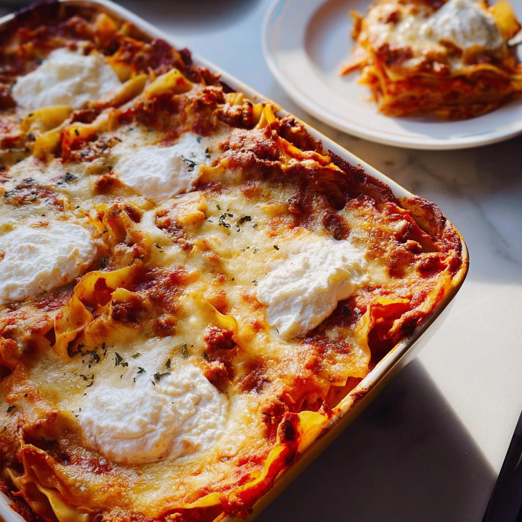 Close-up of a bubbling, cheesy lasagna in a baking dish, perfect for weeknight dinner recipes.
