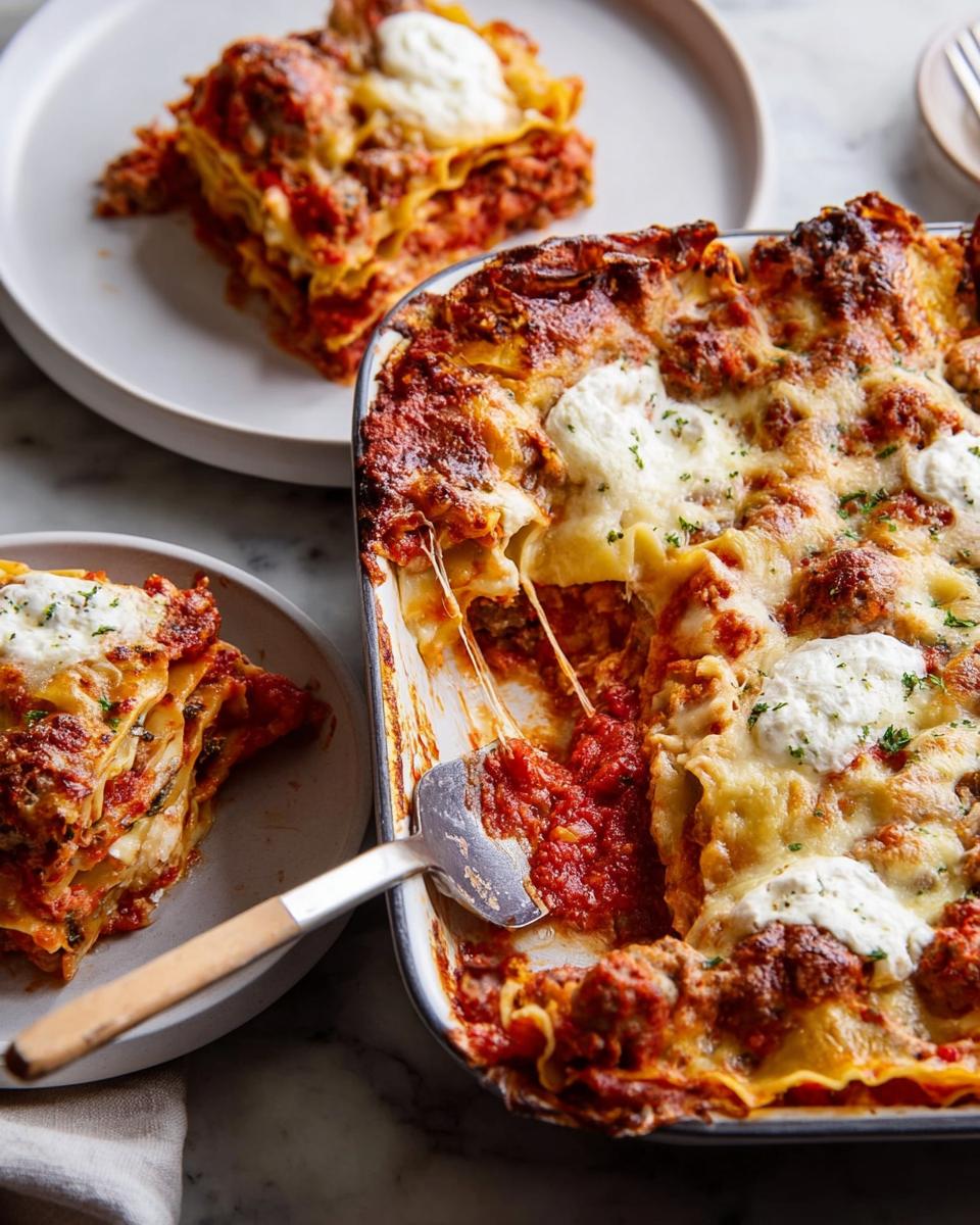 A bubbling pan of homemade lasagna, with a slice on a plate, perfect for weeknight dinner recipes.