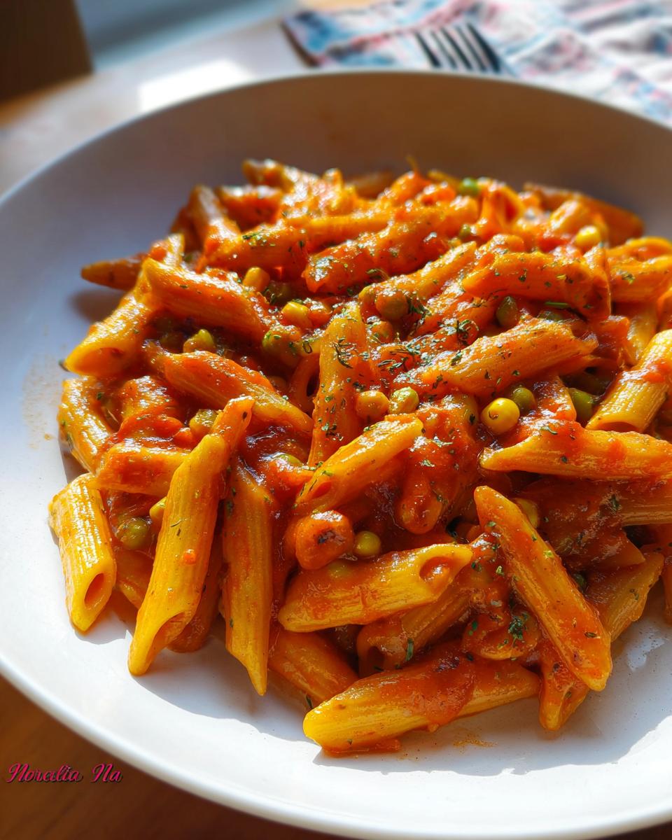 Close-up of penne pasta coated in a vibrant orange masala sauce with peas and corn, part of easy pasta recipes at home.