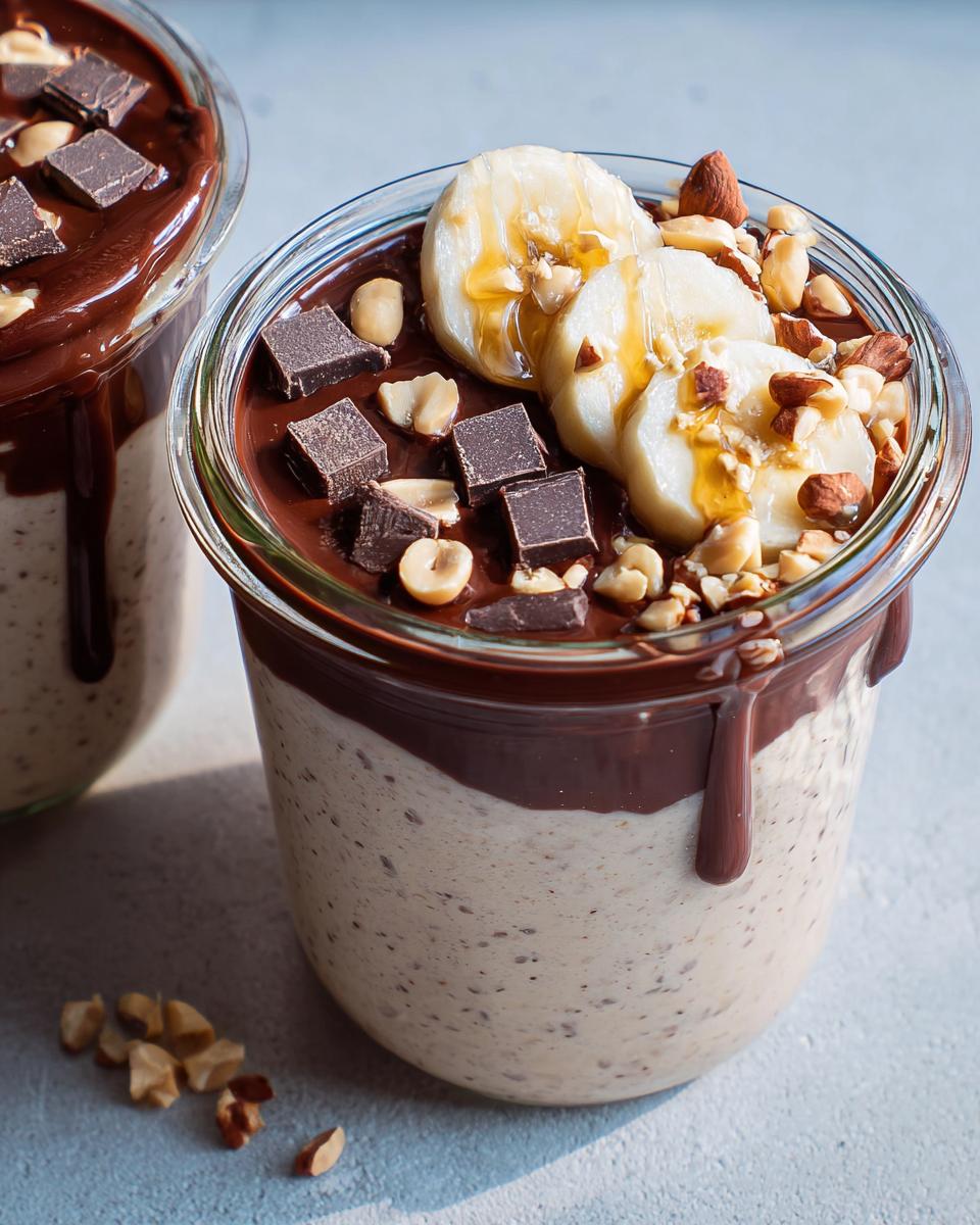 Close-up of a jar of overnight oats topped with chocolate, banana slices, nuts, and syrup, perfect for cozy breakfast ideas for cold evenings.
