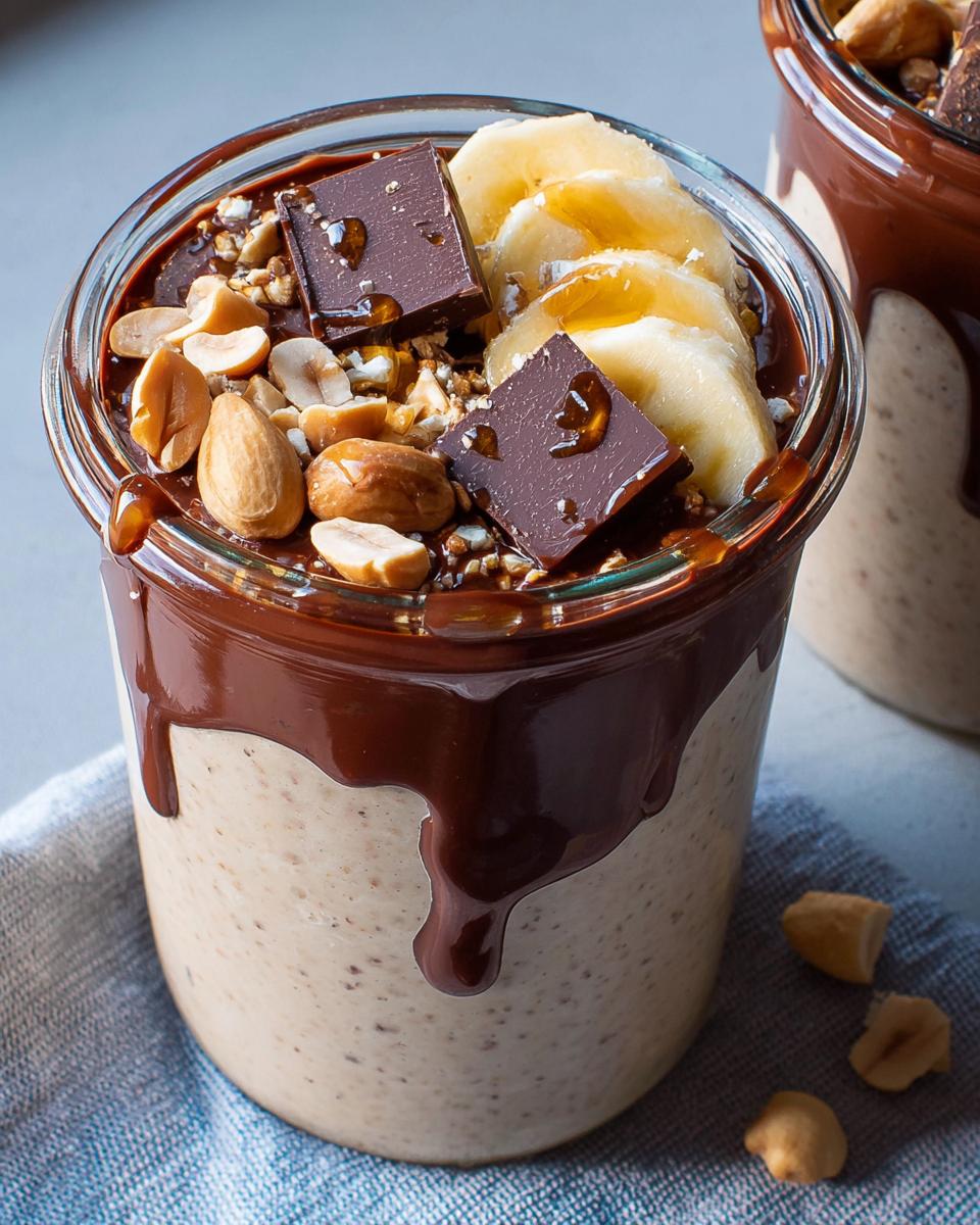 Close-up of overnight oats in a jar, topped with chocolate, banana slices, and peanuts, perfect for cozy breakfast ideas.