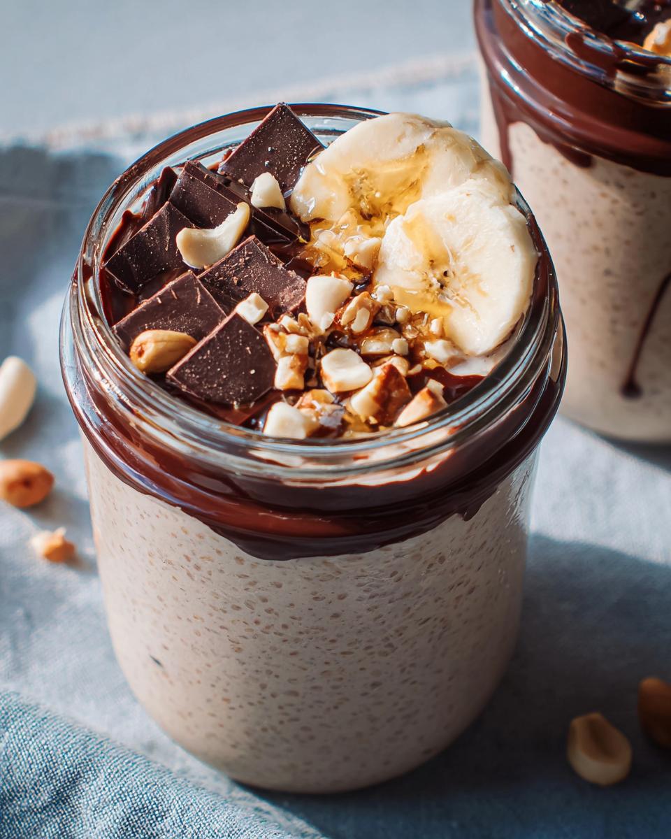 Overnight oats in a jar topped with chocolate, banana slices, nuts, and honey, perfect for cozy breakfast ideas for cold evenings.