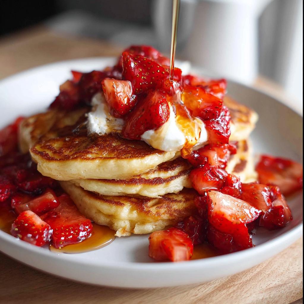 A stack of fluffy pancakes topped with fresh strawberries, whipped cream, and syrup, perfect for family favorite breakfast ideas.