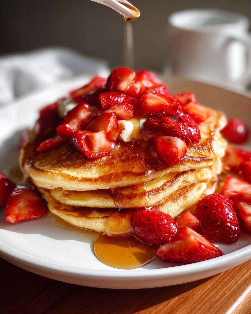 A stack of fluffy pancakes topped with fresh strawberries and syrup, a perfect addition to family favorite breakfast ideas.