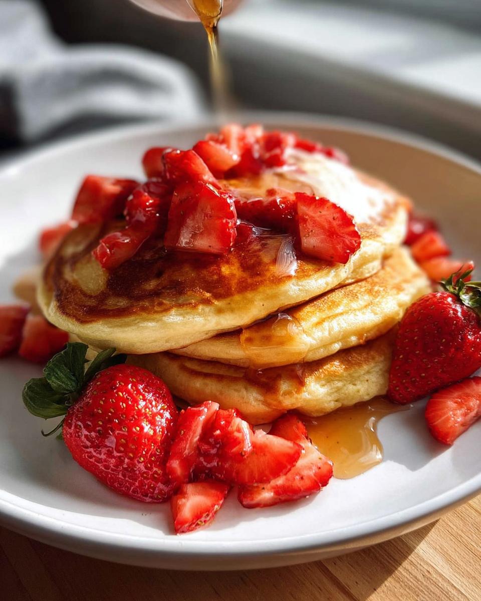 A stack of fluffy pancakes topped with fresh strawberries and drizzled with syrup, a perfect addition to family favorite breakfast ideas.