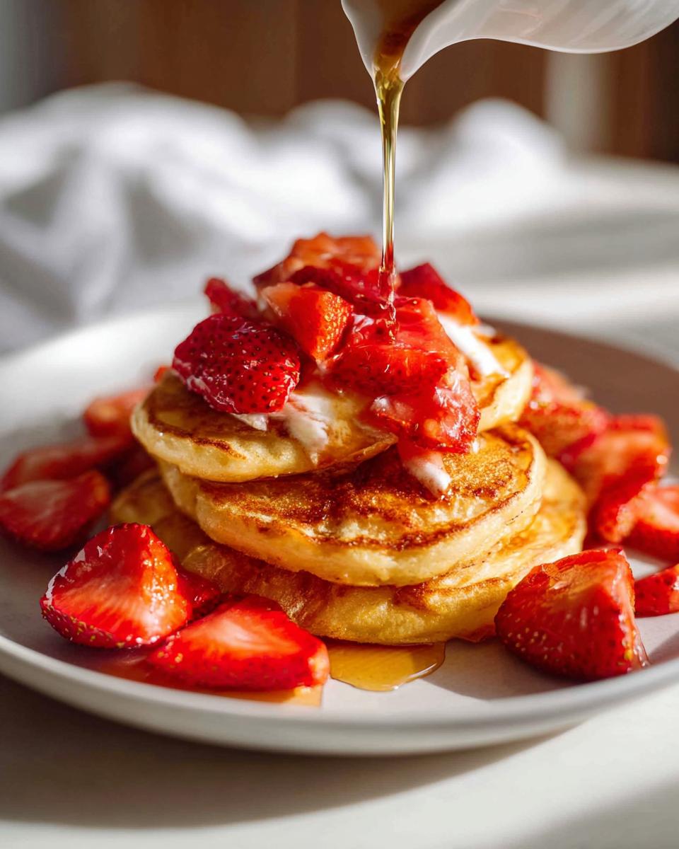 A stack of fluffy pancakes topped with fresh strawberries and syrup, a perfect addition to Family Favorite Breakfast Ideas.