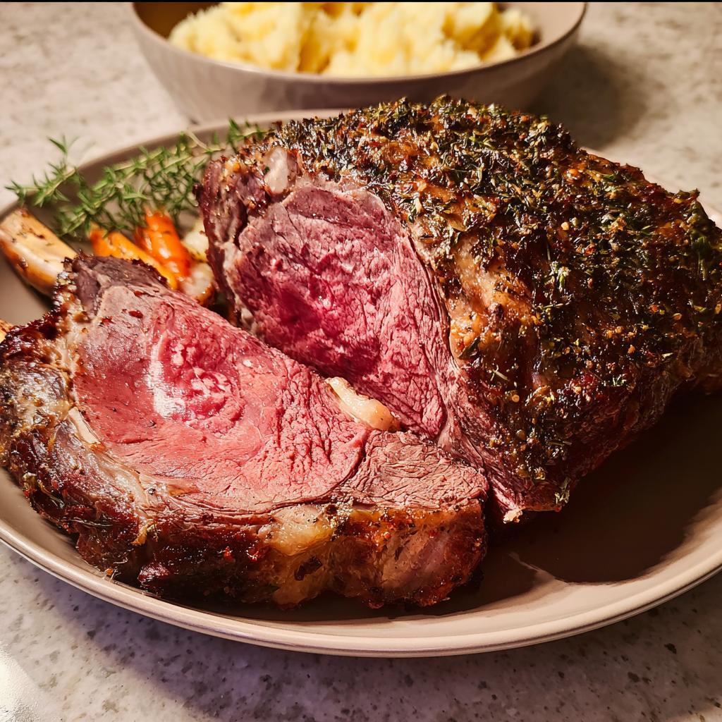 A perfectly roasted Prime Rib Made Easy, sliced to reveal a juicy, pink interior, seasoned with herbs.