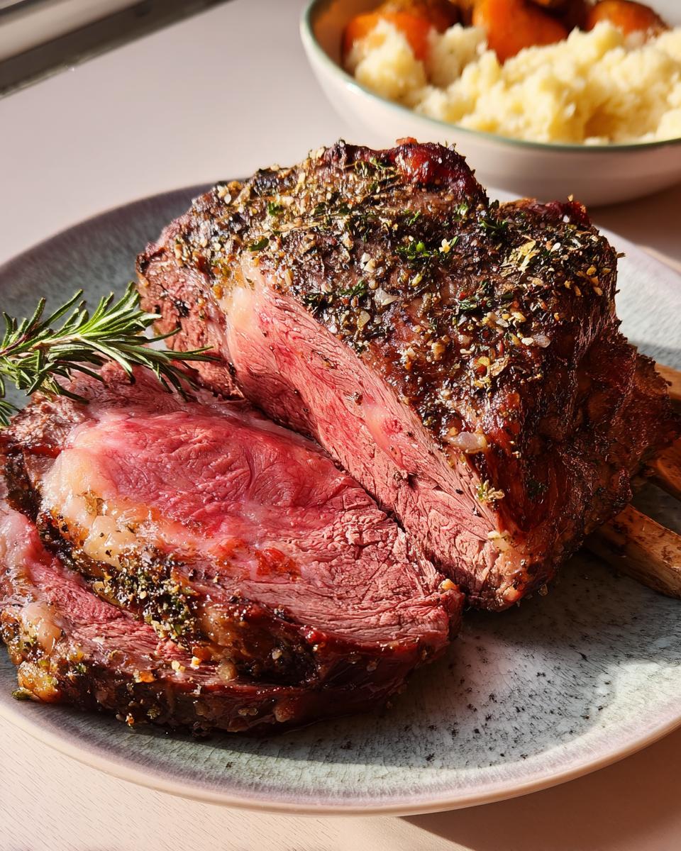 A juicy, perfectly roasted Prime Rib with a herb crust, sliced to reveal a tender pink interior. Served with mashed potatoes and carrots.