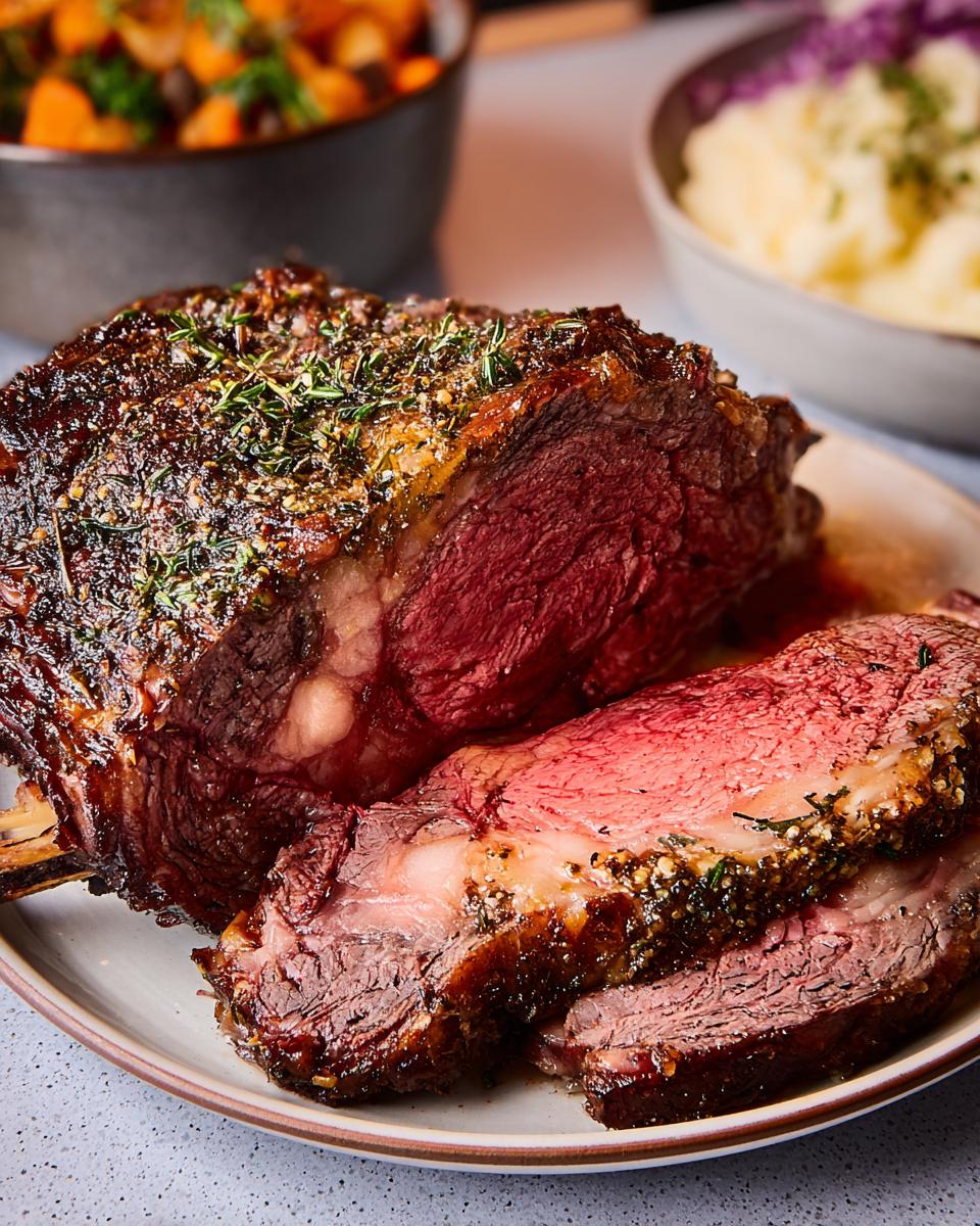 A perfectly roasted Prime Rib Made Easy, sliced to reveal a juicy pink center, seasoned with herbs.