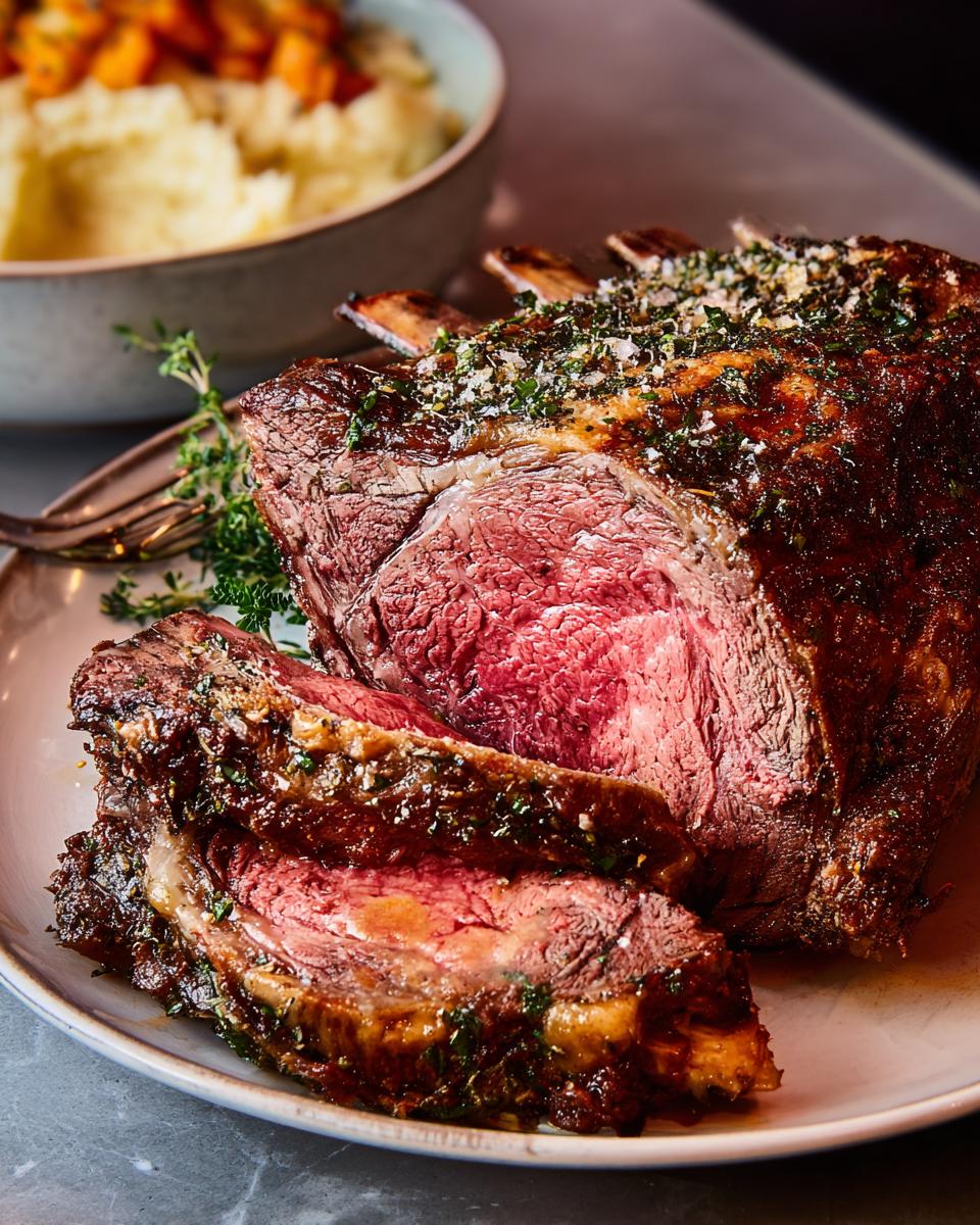 A perfectly roasted Prime Rib Made Easy, sliced to reveal a juicy pink center and seasoned crust.
