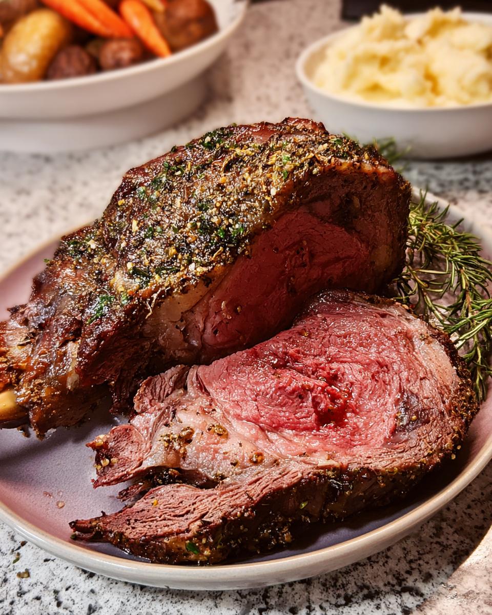 A perfectly roasted Prime Rib Made Easy, sliced to reveal a tender, pink interior, seasoned with herbs and spices.