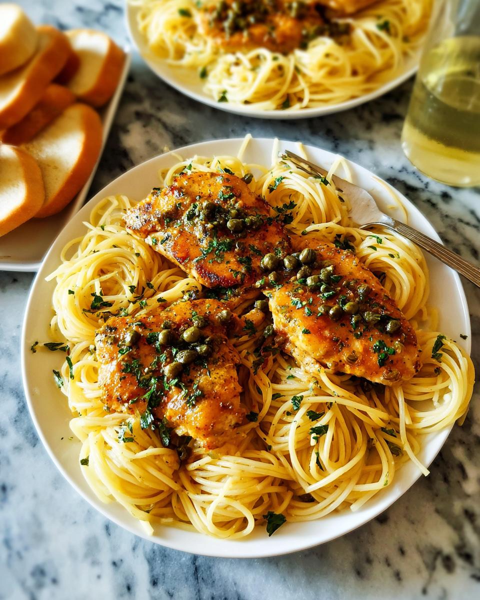 Three pan-seared chicken thighs served over spaghetti with a caper sauce and fresh parsley, a pro chicken thigh recipe.