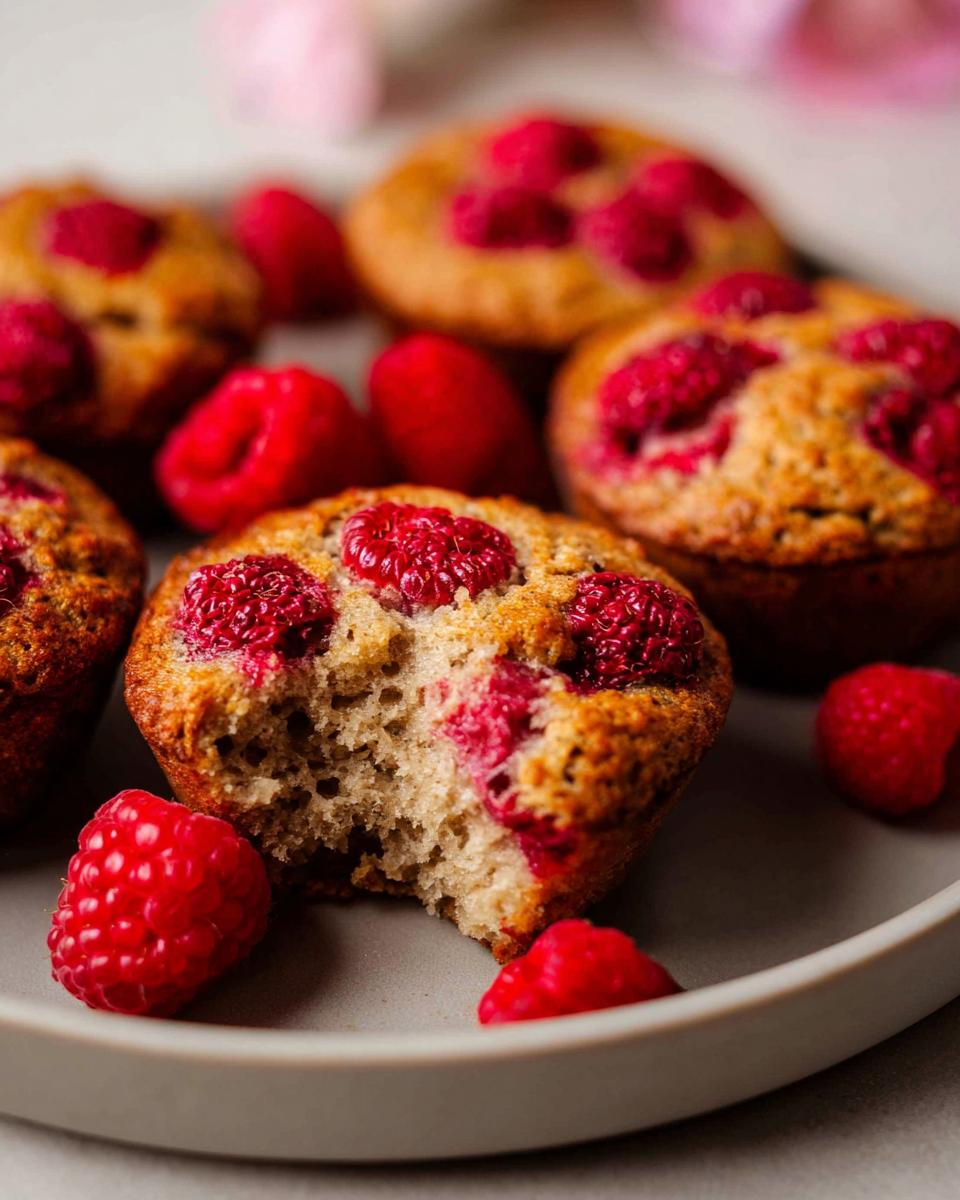 Close-up of a raspberry muffin with a bite taken out, surrounded by fresh raspberries. A twist on classic breakfast ideas.