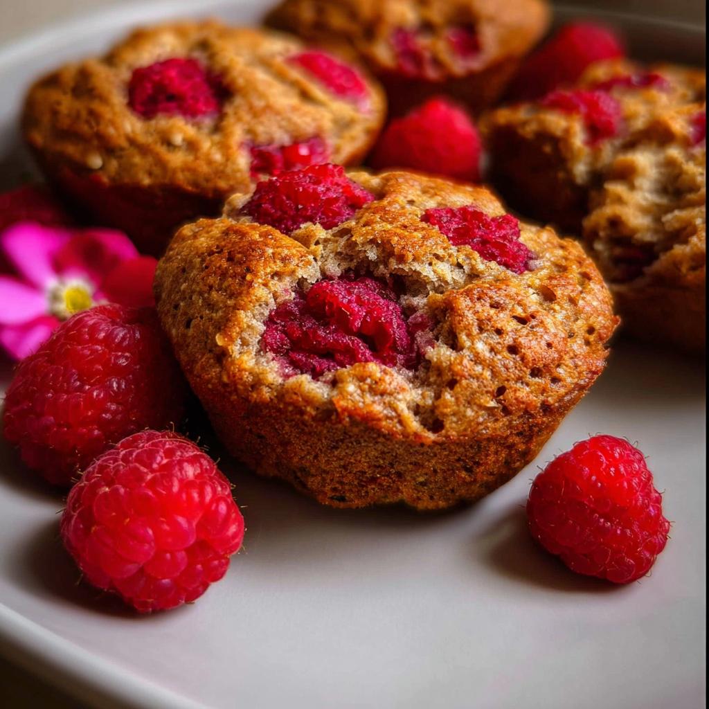 Close-up of freshly baked raspberry muffins, a delicious twist on classic breakfast ideas, surrounded by fresh raspberries.