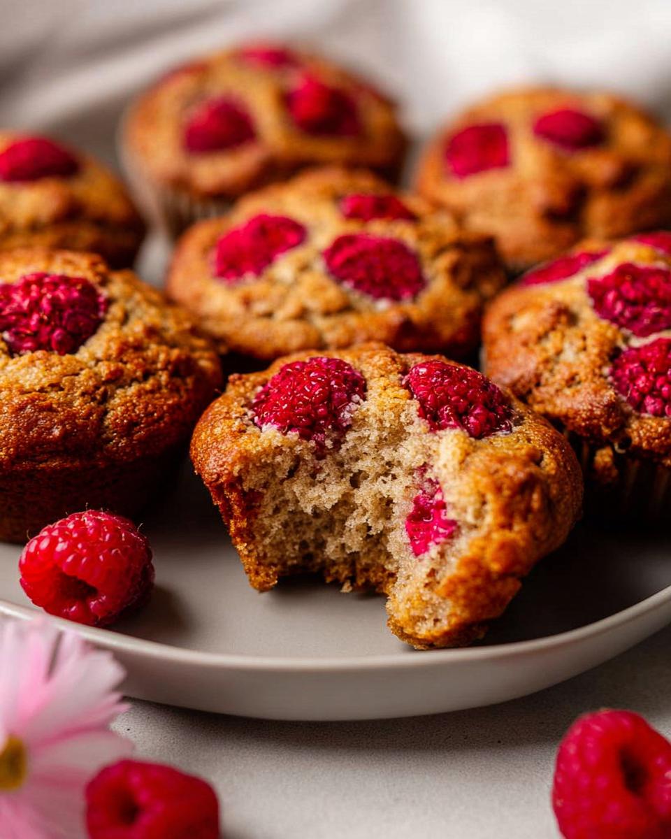 Close-up of a plate of raspberry muffins, one with a bite taken out, showcasing the fluffy interior and fresh raspberries.