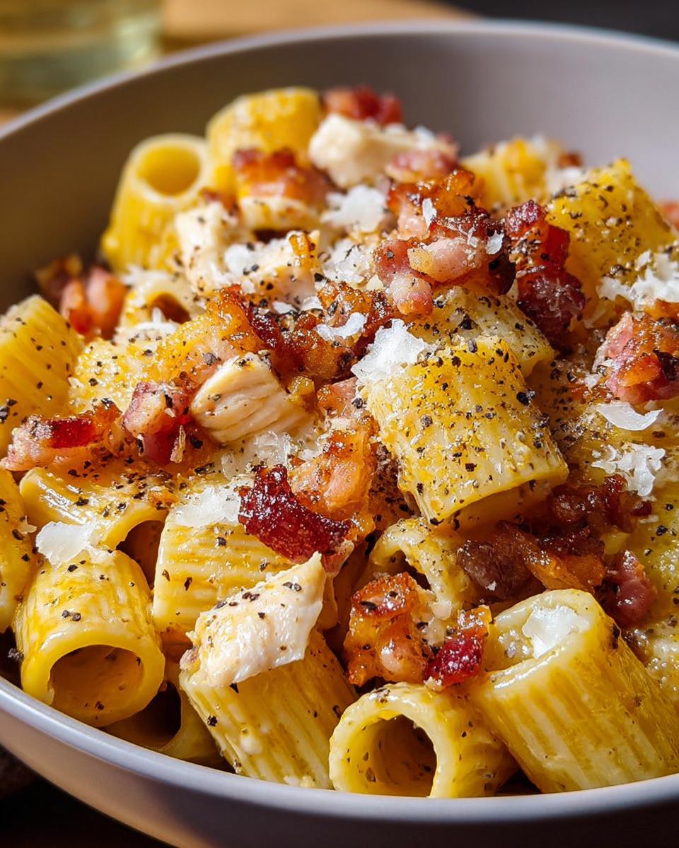 Close-up of rigatoni pasta with crispy bacon, chicken, and grated cheese, seasoned with black pepper.