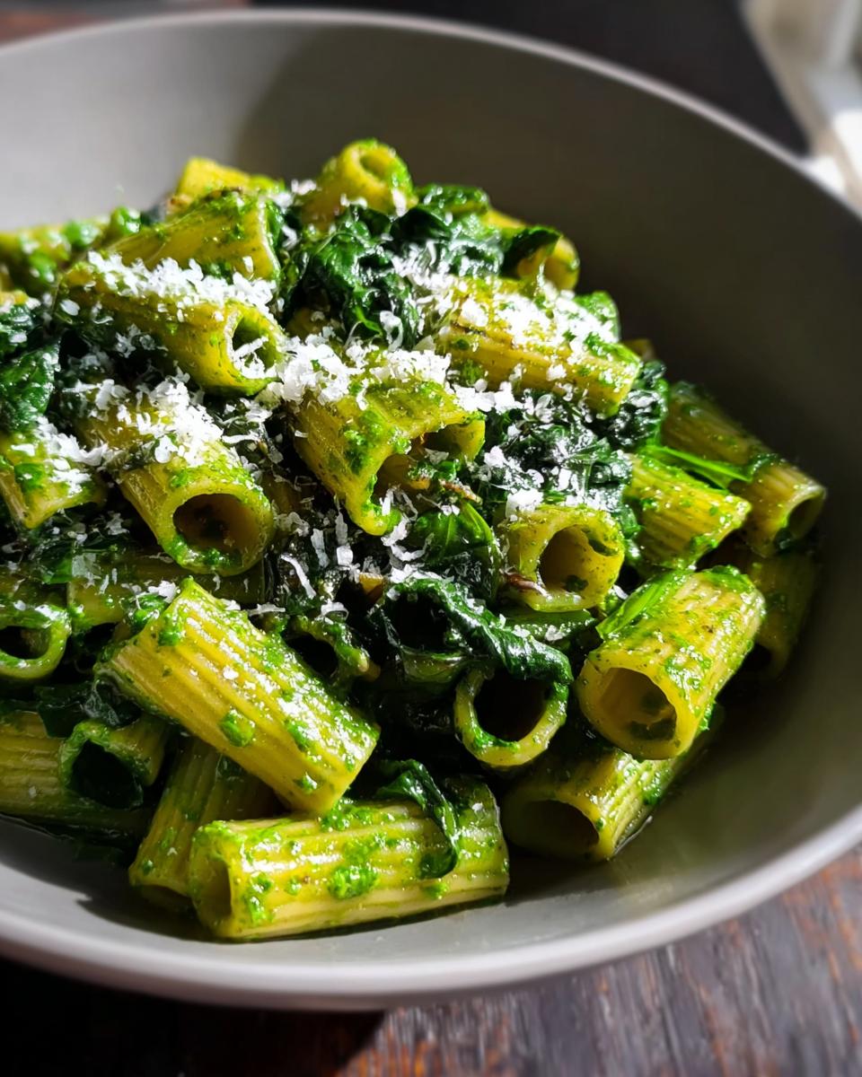 A close-up of rigatoni pasta coated in vibrant green pesto sauce, topped with grated cheese, part of Family Favorite Pasta Recipes.
