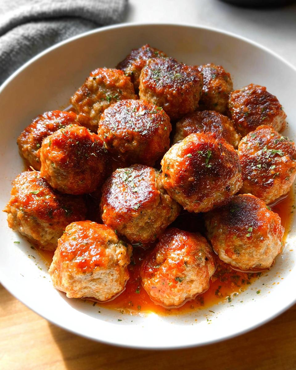 A close-up of a bowl filled with juicy sausage meatballs in a rich sauce, perfect for busy nights.
