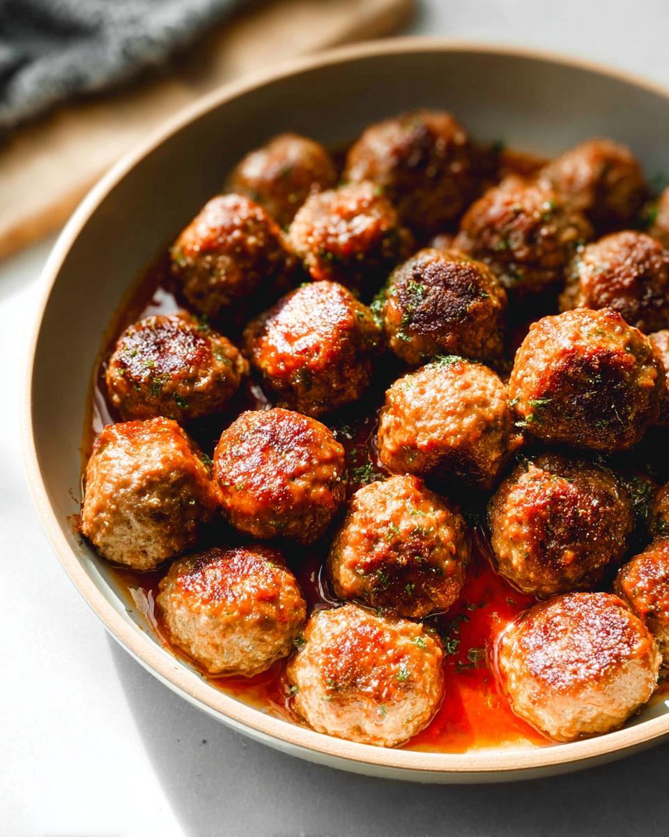 Close-up of juicy sausage meatballs in a rich sauce, perfect for best dinner recipes for busy nights.