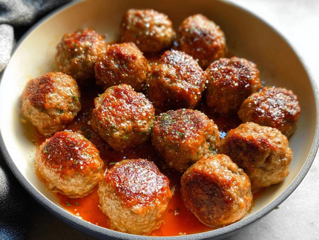 A close-up of juicy sausage meatballs in a savory sauce, perfect for best dinner recipes for busy nights.