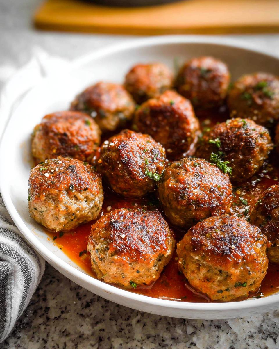 Close-up of juicy sausage meatballs in a rich tomato sauce, perfect for best dinner recipes for busy nights.