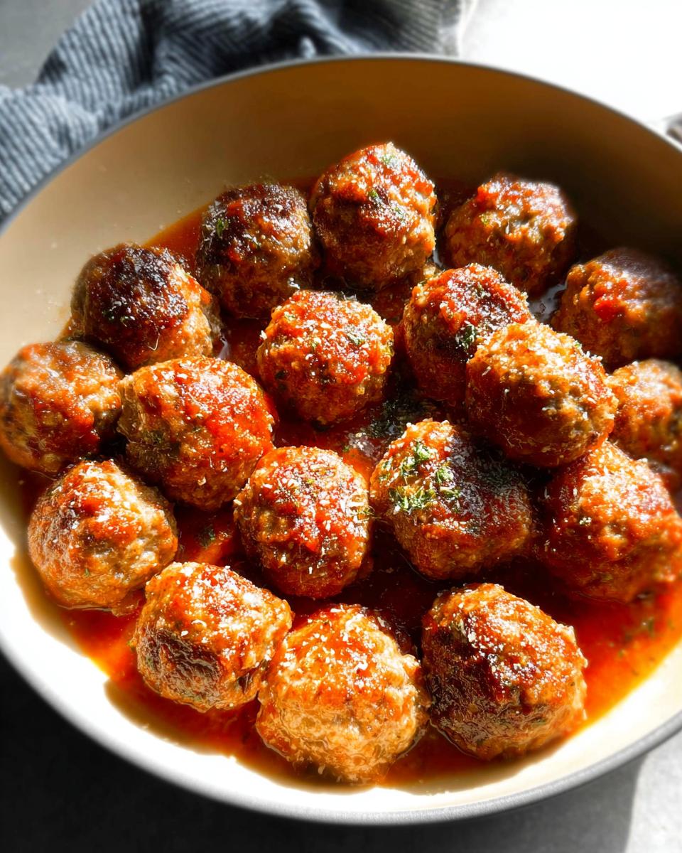 A close-up of juicy sausage meatballs simmered in rich tomato sauce, perfect for best dinner recipes for busy nights.