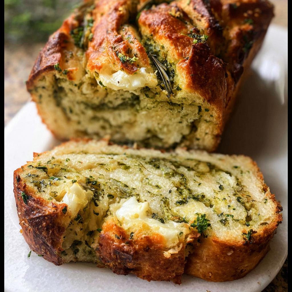 Close-up of a sliced savory breakfast bread with herbs and cheese, perfect for breakfast ideas.
