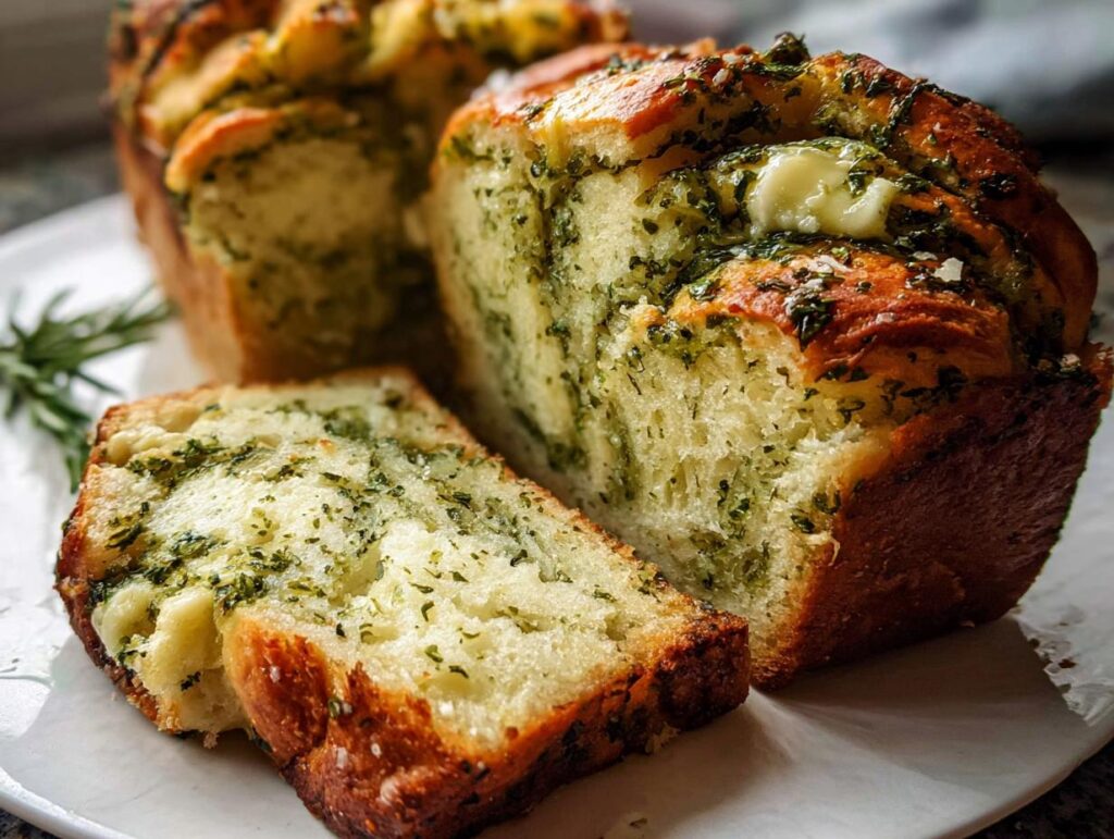Close-up of a loaf of savory herb bread, with a slice cut and a pat of butter melting on top.