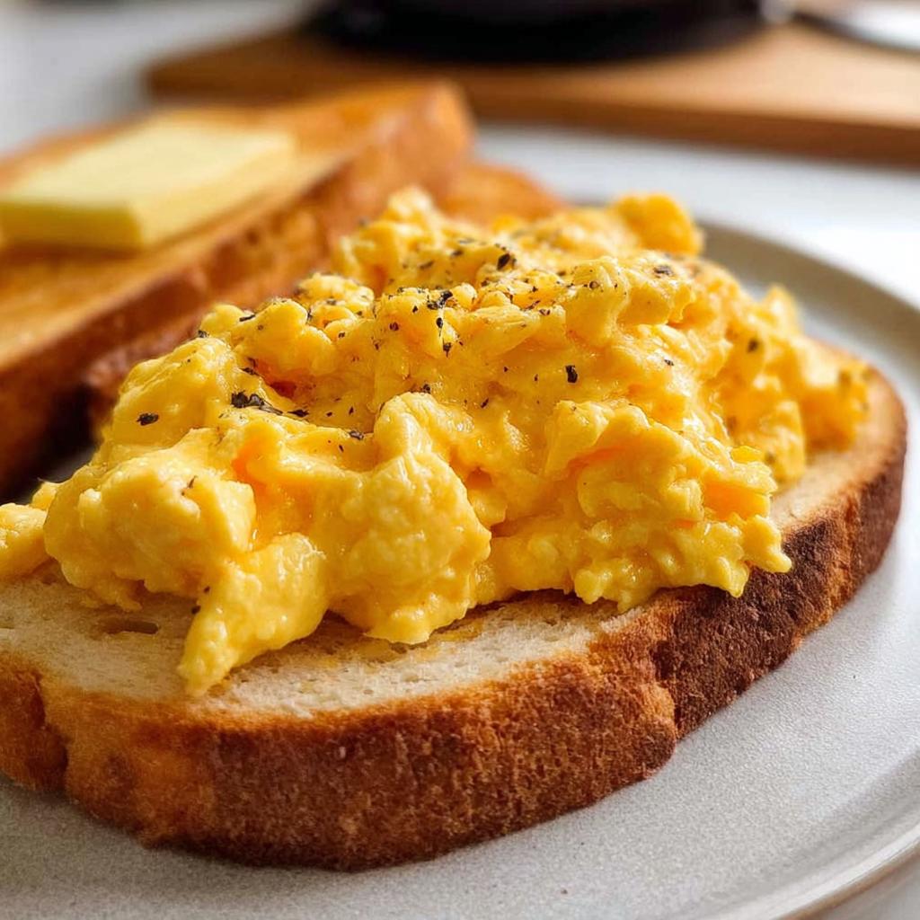 Close-up of fluffy scrambled eggs seasoned with pepper, served on toasted bread, a simple breakfast idea.