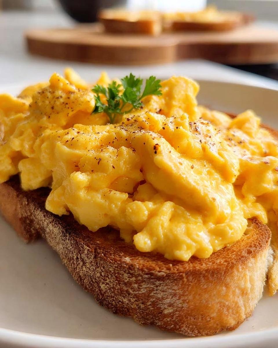Close-up of fluffy scrambled eggs seasoned with black pepper, served on a slice of toasted bread, a perfect simple breakfast idea.