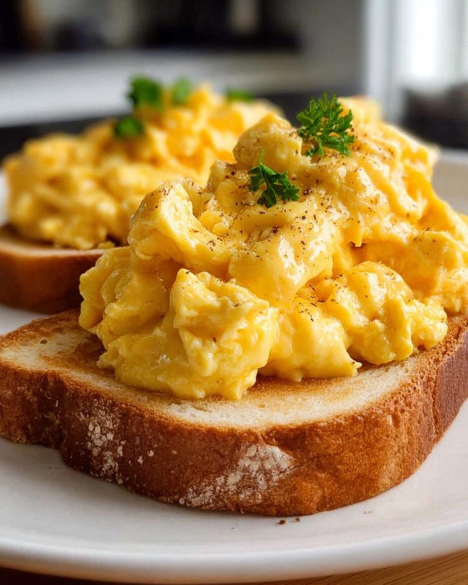 Close-up of fluffy scrambled eggs seasoned with pepper, served on toasted bread, a perfect simple breakfast idea.