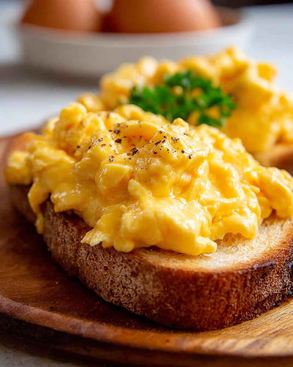 Fluffy scrambled eggs piled high on toasted bread, seasoned with black pepper, a simple breakfast idea.