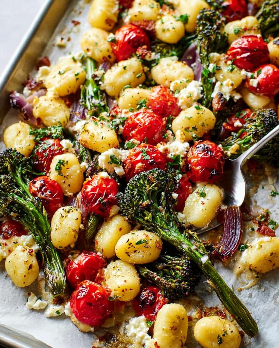 A comforting pasta recipe featuring golden gnocchi, roasted cherry tomatoes, and charred broccolini on a baking sheet.
