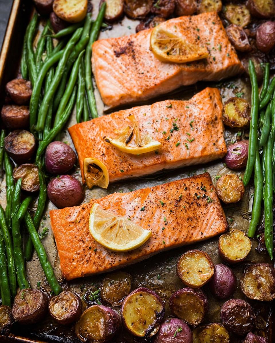 Three salmon fillets with lemon slices, green beans, and roasted potatoes on a baking sheet.